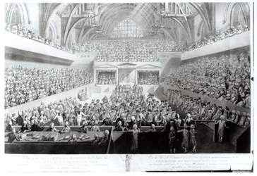 Ansicht des Prozesses von Warren Hastings (1732-1818) vor dem Gericht der Peers in der Westminster Hall. Anklage vor dem Bar des House of Lords, durch die Commons von Großbritannien, im Parlament